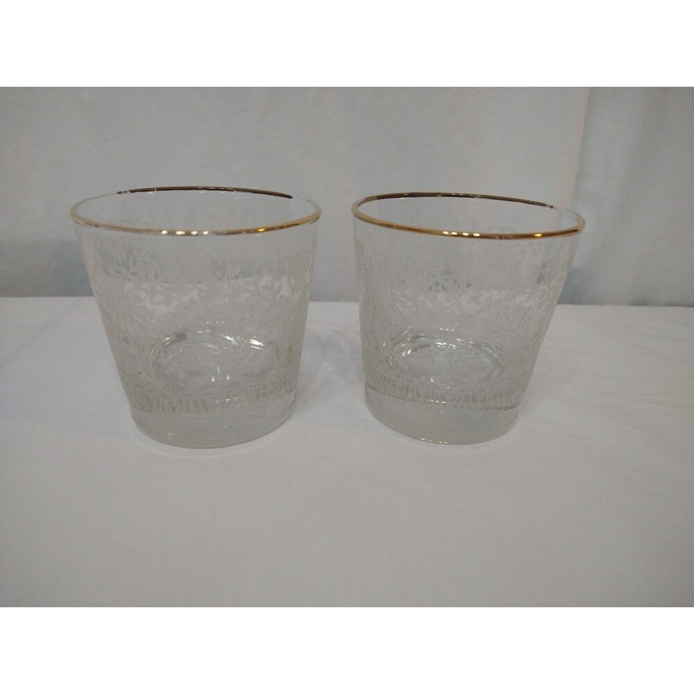 Set of 2 Vintage Gold Band Rim Whiskey Glasses Raised Floral Etch Old Fashioned